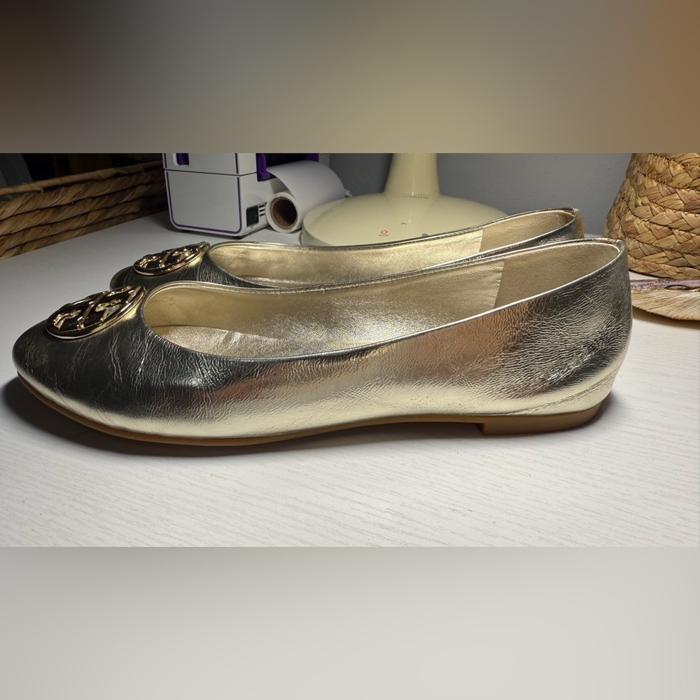 Tory Burch Metallic Gold Flats with gold logo - Picture 6 of 7